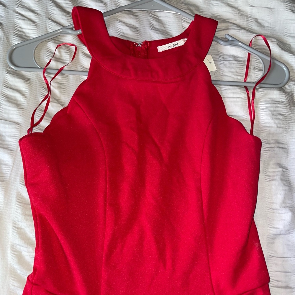 Francescas Red Jumpsuit with Scalloped edge neck
